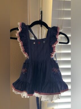 Lady Liberty Pinafore-Navy Ruffles with Firework Embroidery Pockets/ Star Bodice